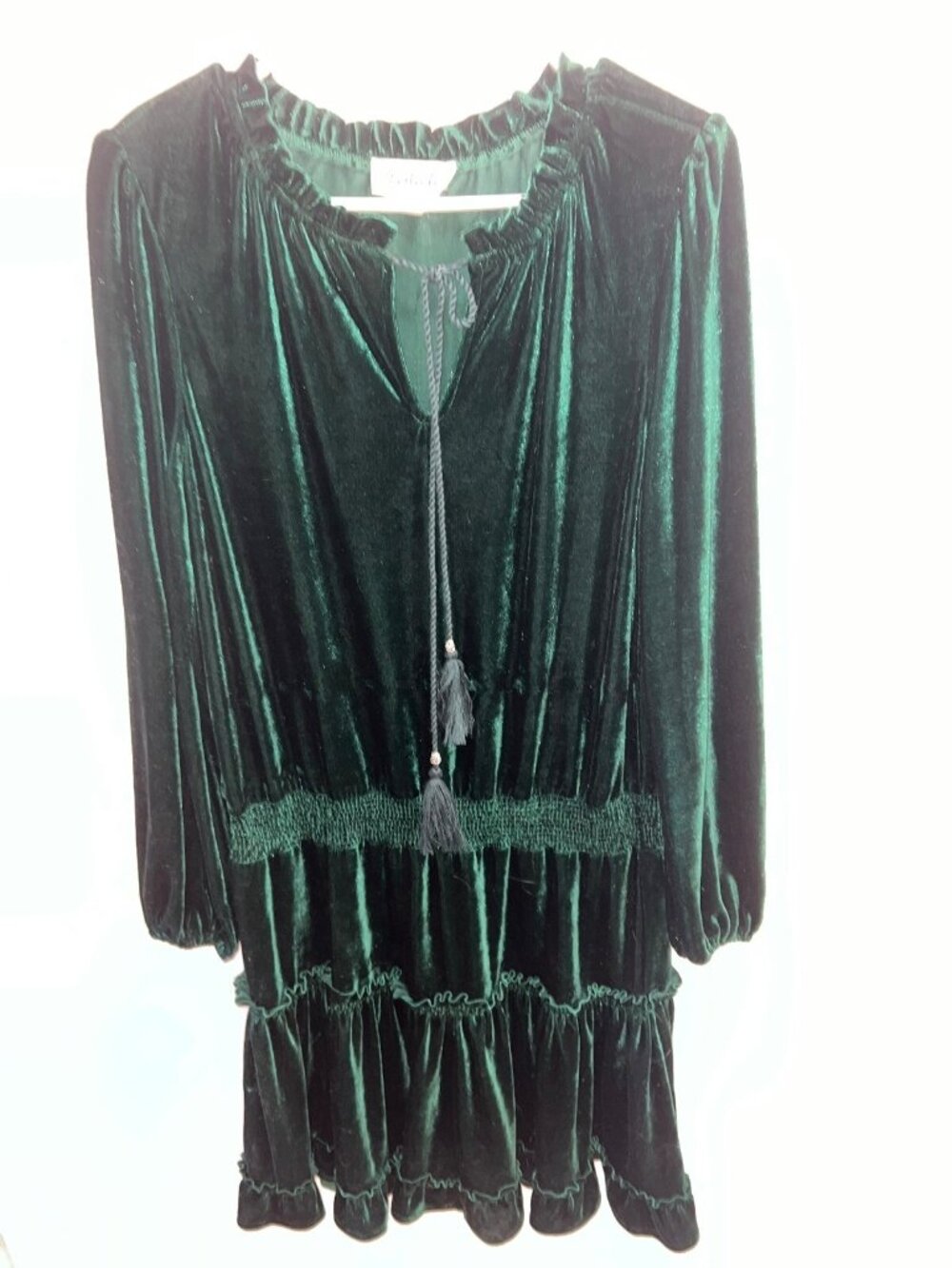 Listicle Velvet Dress Size Medium solid green Long Sleeve knee length tassel